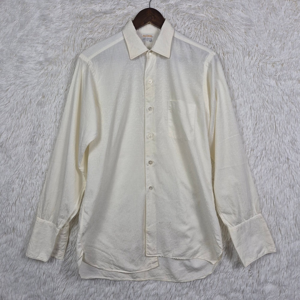 Vtg 50s Pilgrim Sears Cream Jacquard Damask Lynn Collar French Cuff Shirt Mens L